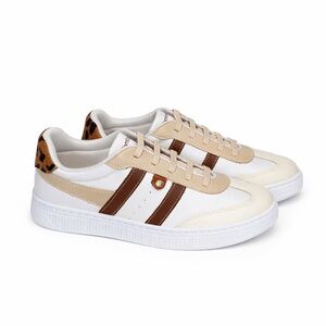 Brazilian Leather Sneakers White Tan Brown Leopard Accent Women’s Size 8 NEW